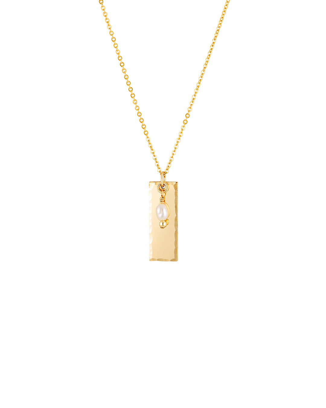 Gold necklace with a rectangular pendant and pearl drop on a white background