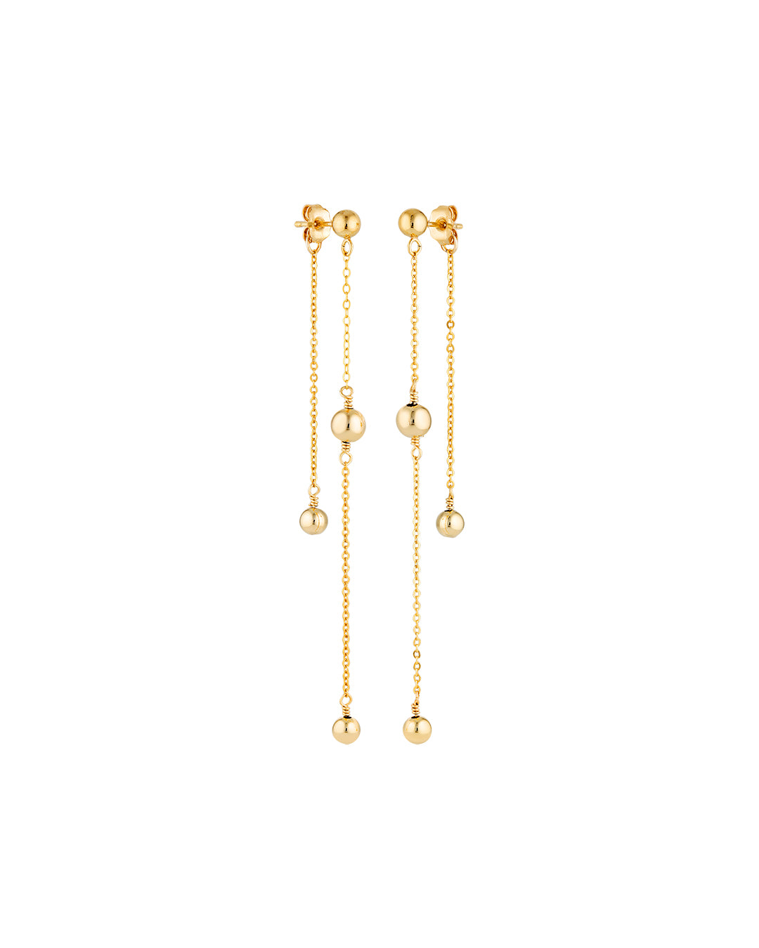 Gold chain earrings with gold beads in a sleek, asymmetric design