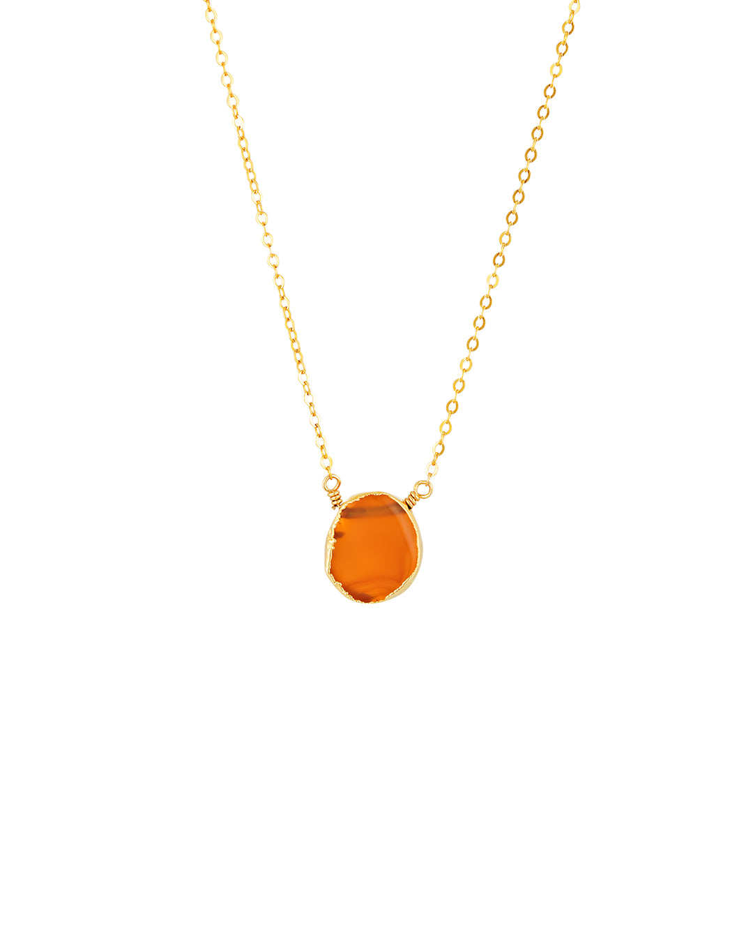 Gold necklace with a Carnelian pendant on a white background