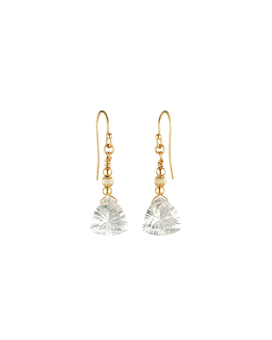 Gold earrings with green amethyst gemstones on a white background