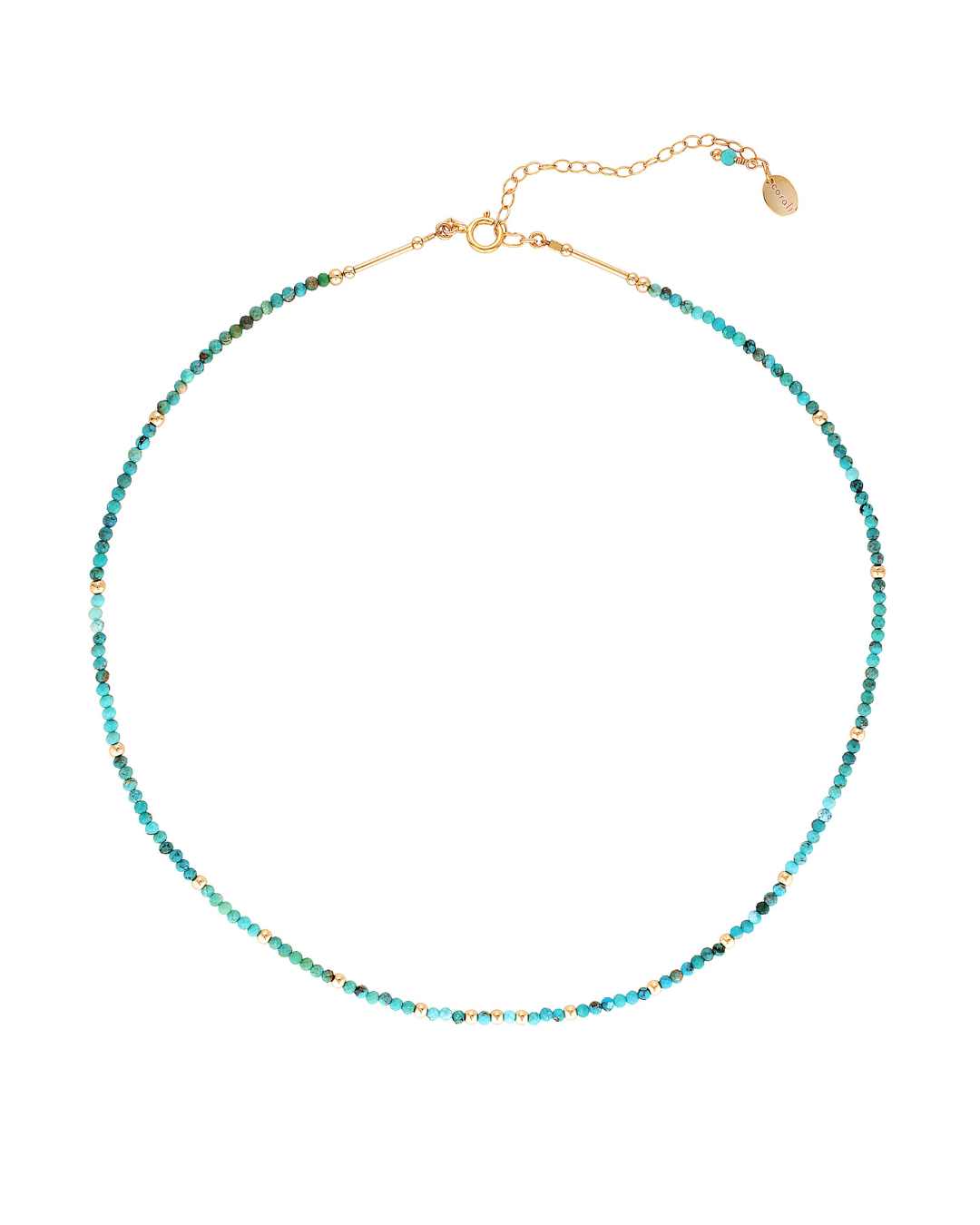Gold necklace with turquoise gemstones on a white background