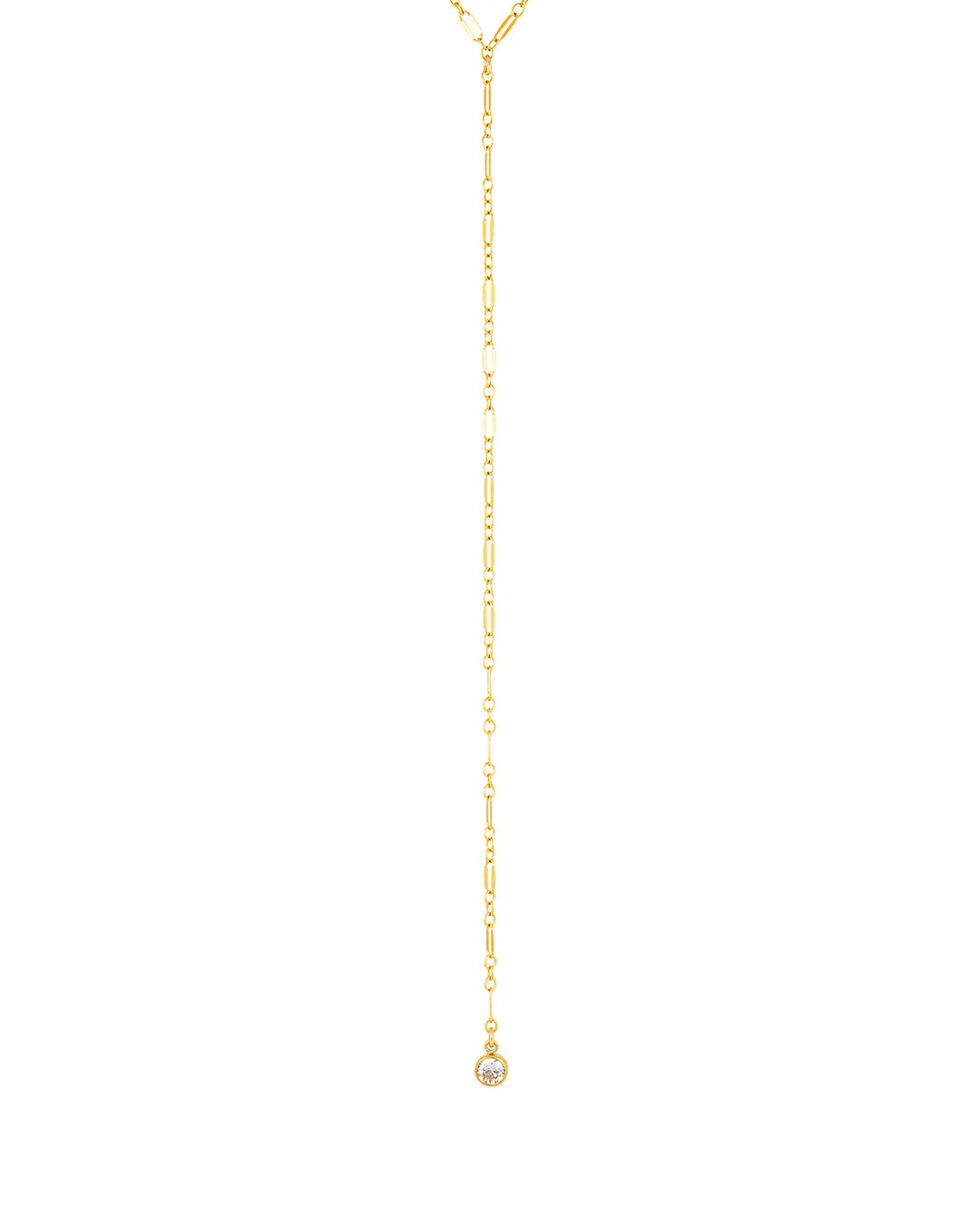 Long gold lariat necklace with a Cubic Zirconia bezel pendant