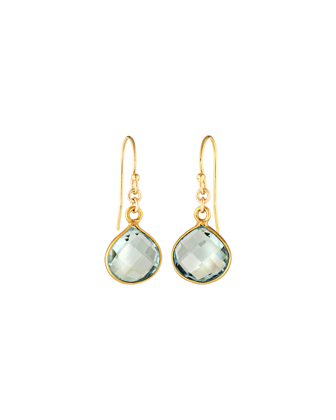 Gold earrings with Blue Topaz gemstones on a white background