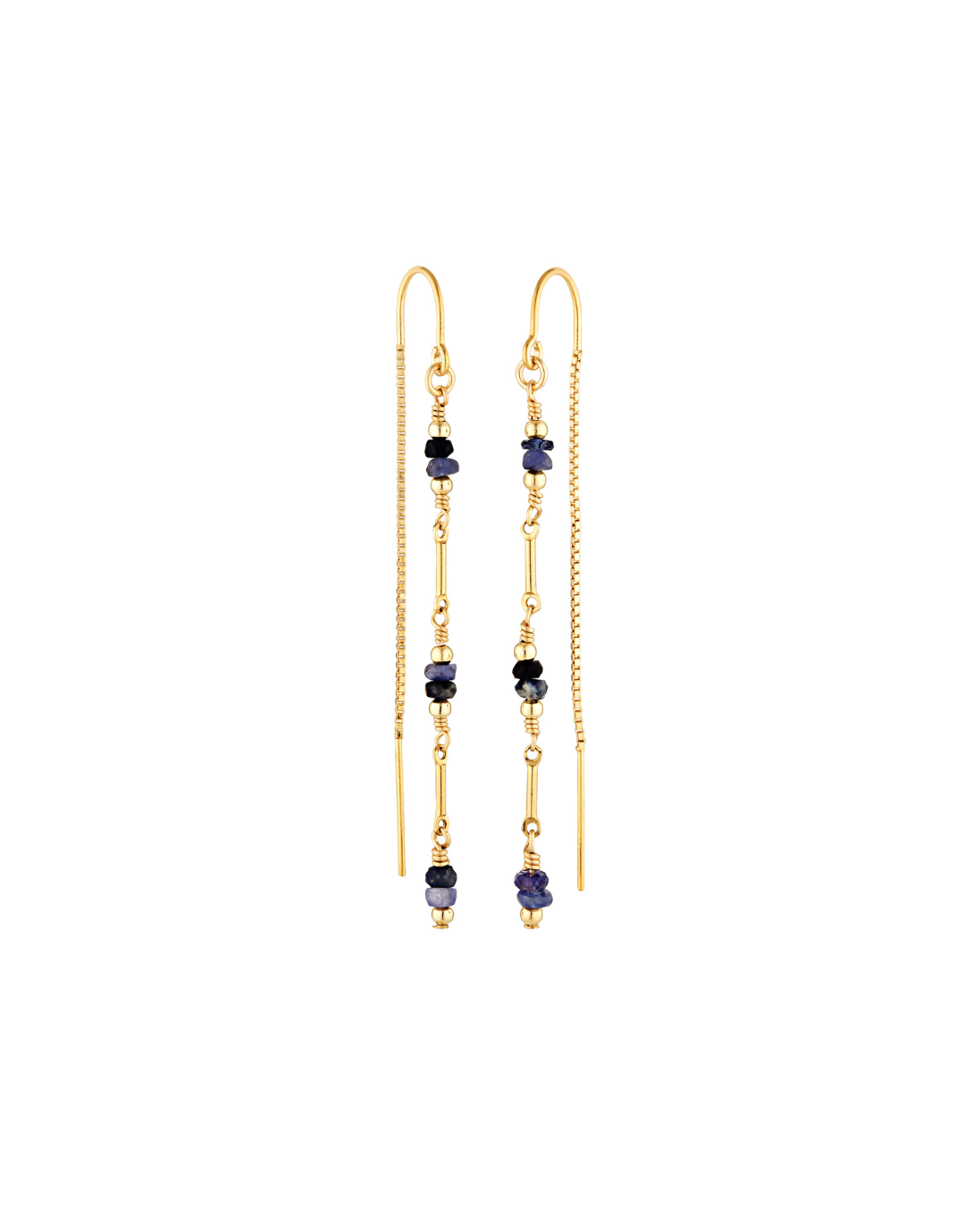 Gold thread earrings with blue sapphire gemstones on a white background