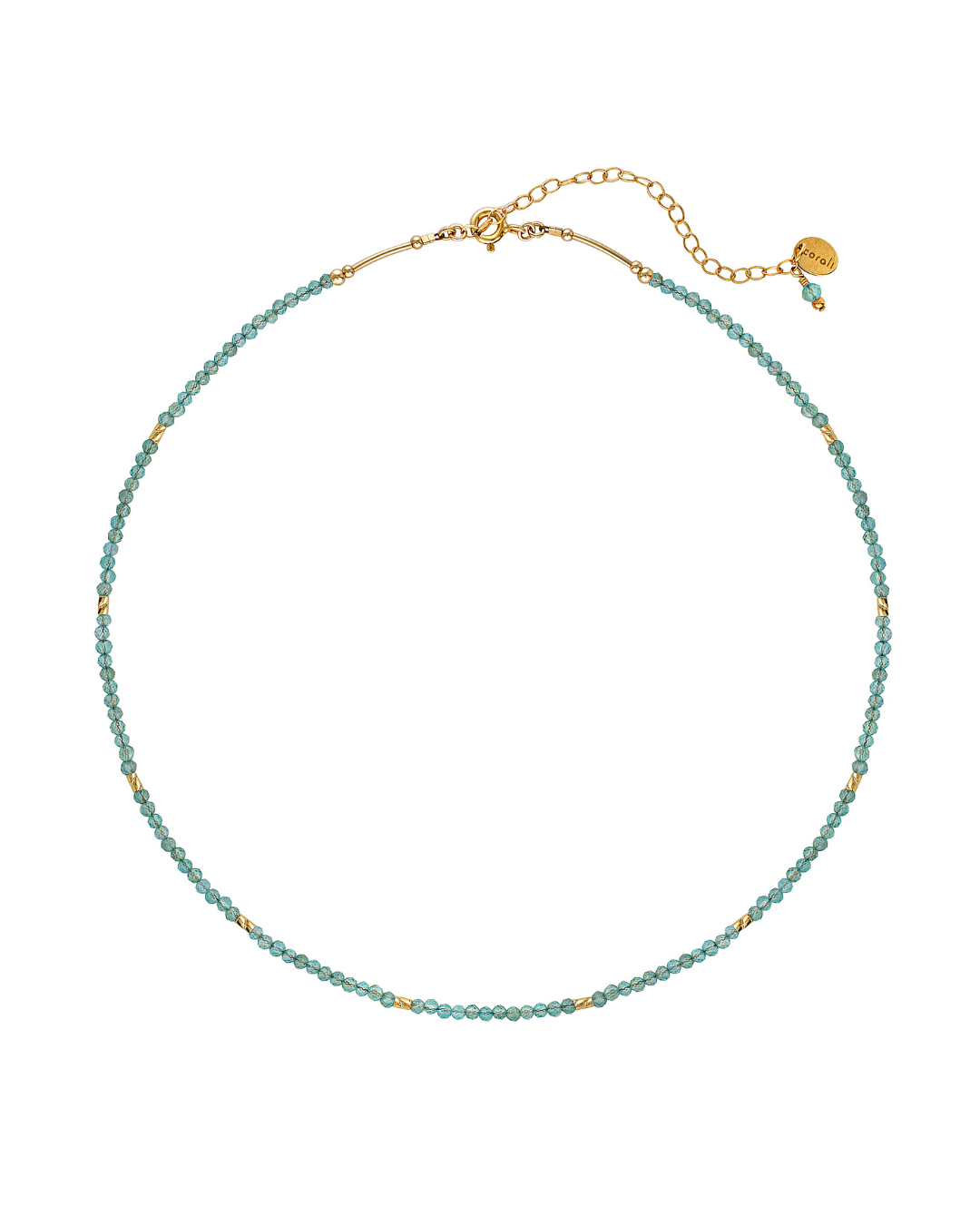 Gold apatite gemstone beaded necklace on a white background