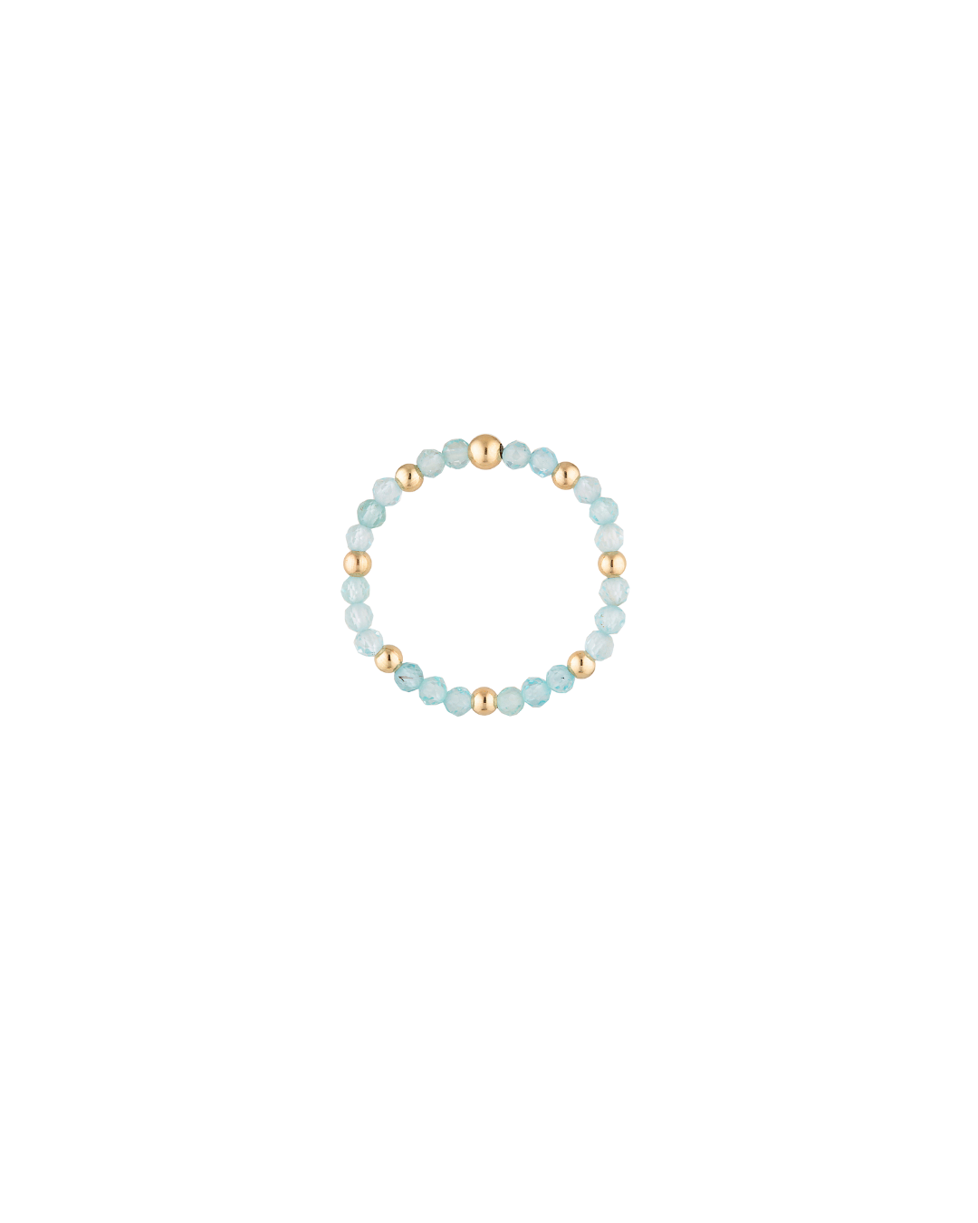 Beaded ring with Apatite gemstones and gold beads on a white background
