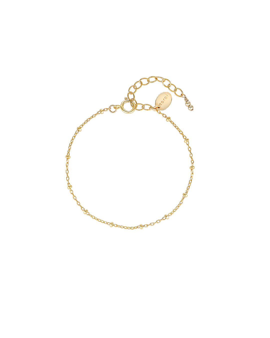 Delicate gold ball chain bracelet on a white background