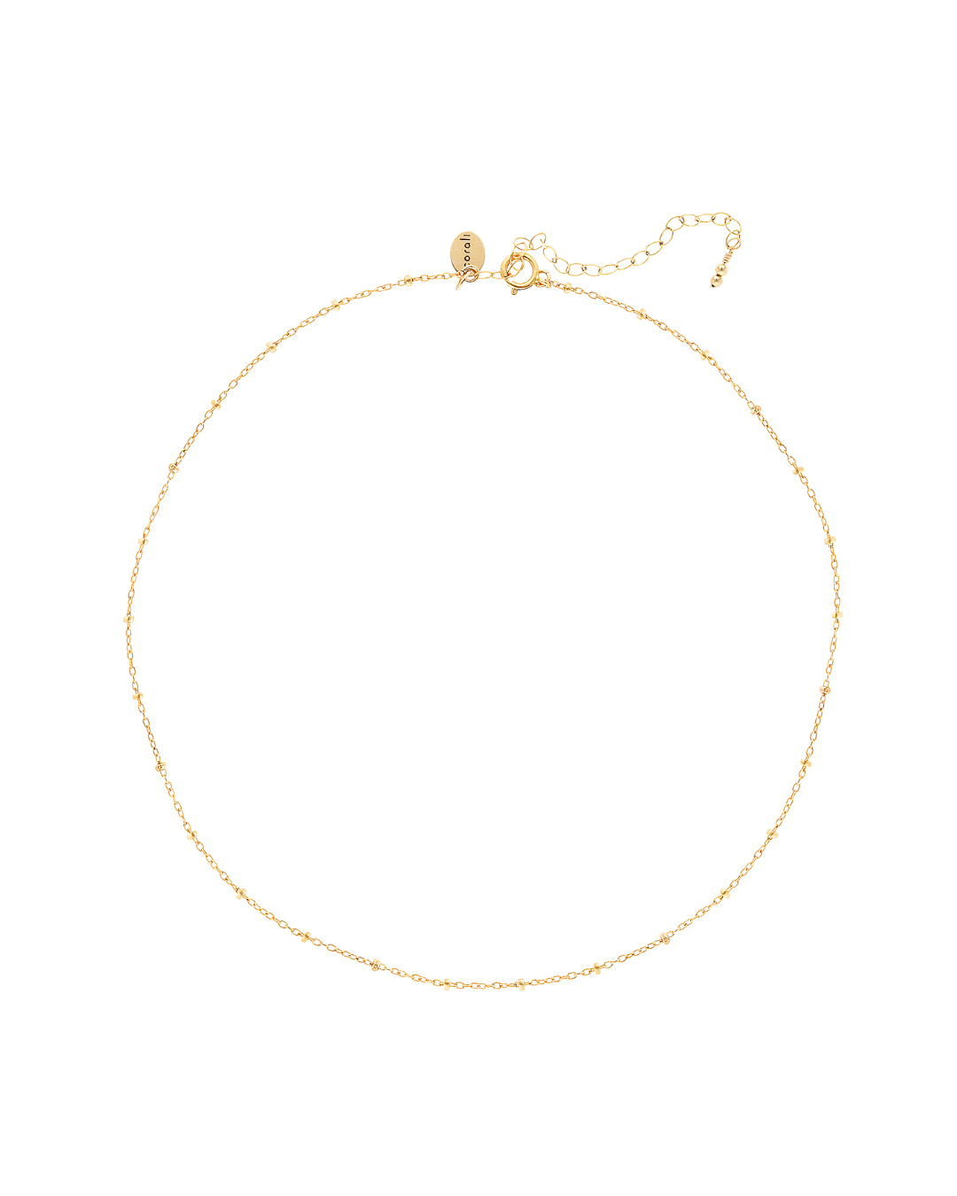 Delicate gold choker necklace on a white background