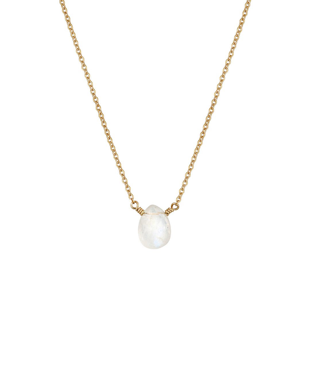 Gold necklace with a moonstone pendant on a white background