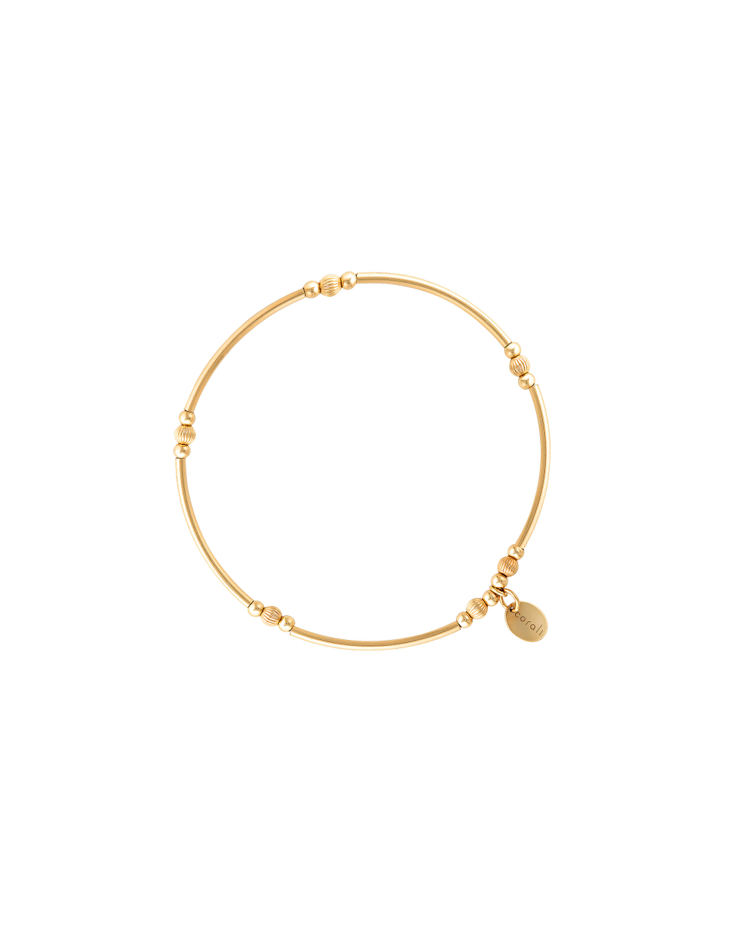 Gold beaded bracelet on a white background