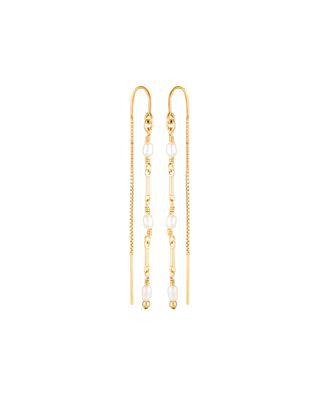 A pair of gold and pearl thread earrings on a white background.