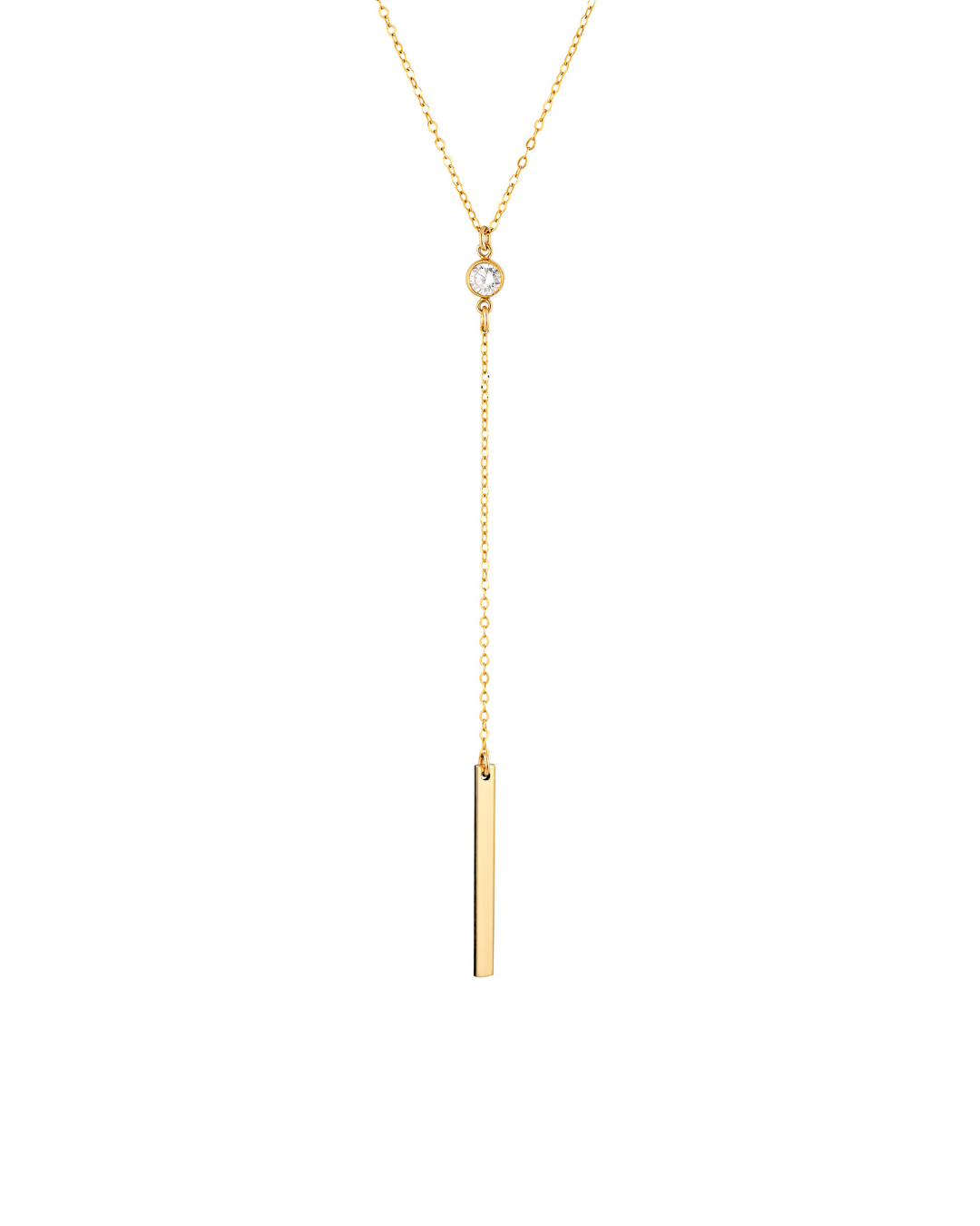 Gold and Cubic Zirconia lariat necklace with a vertical bar pendant on a white background