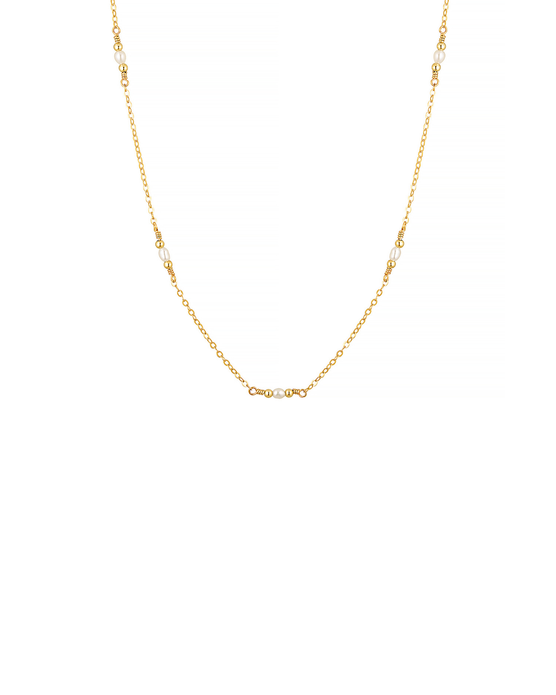 Gold chain and pearl beaded necklace on a white background