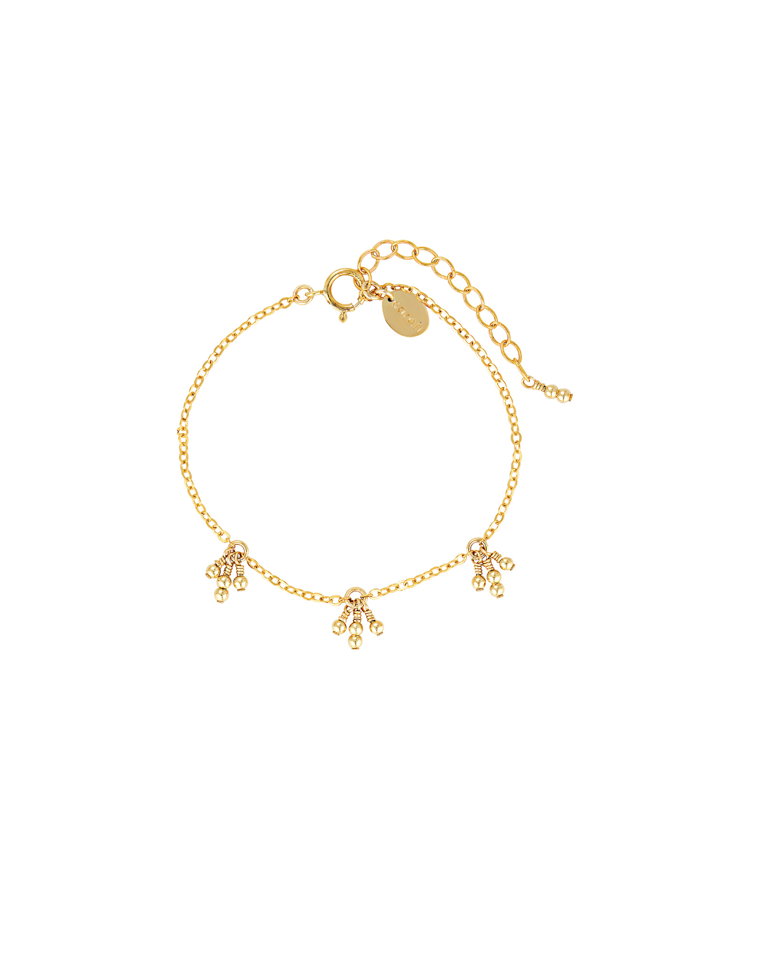 Gold bracelet with gold drop beads on a white background
