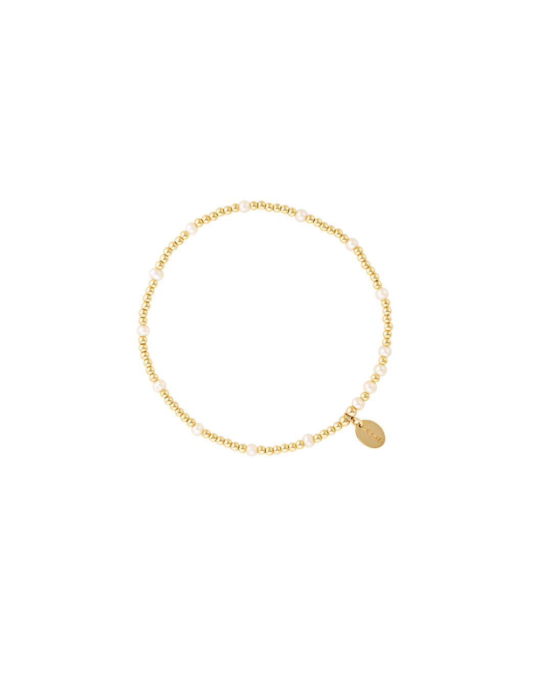 Pearl and gold beaded bracelet on a white background