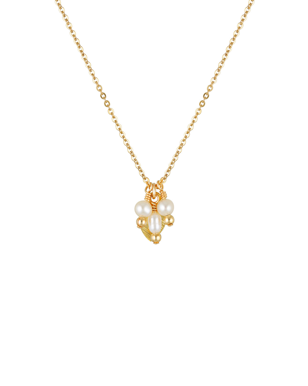 Gold necklace with a cluster of pearls on a white background