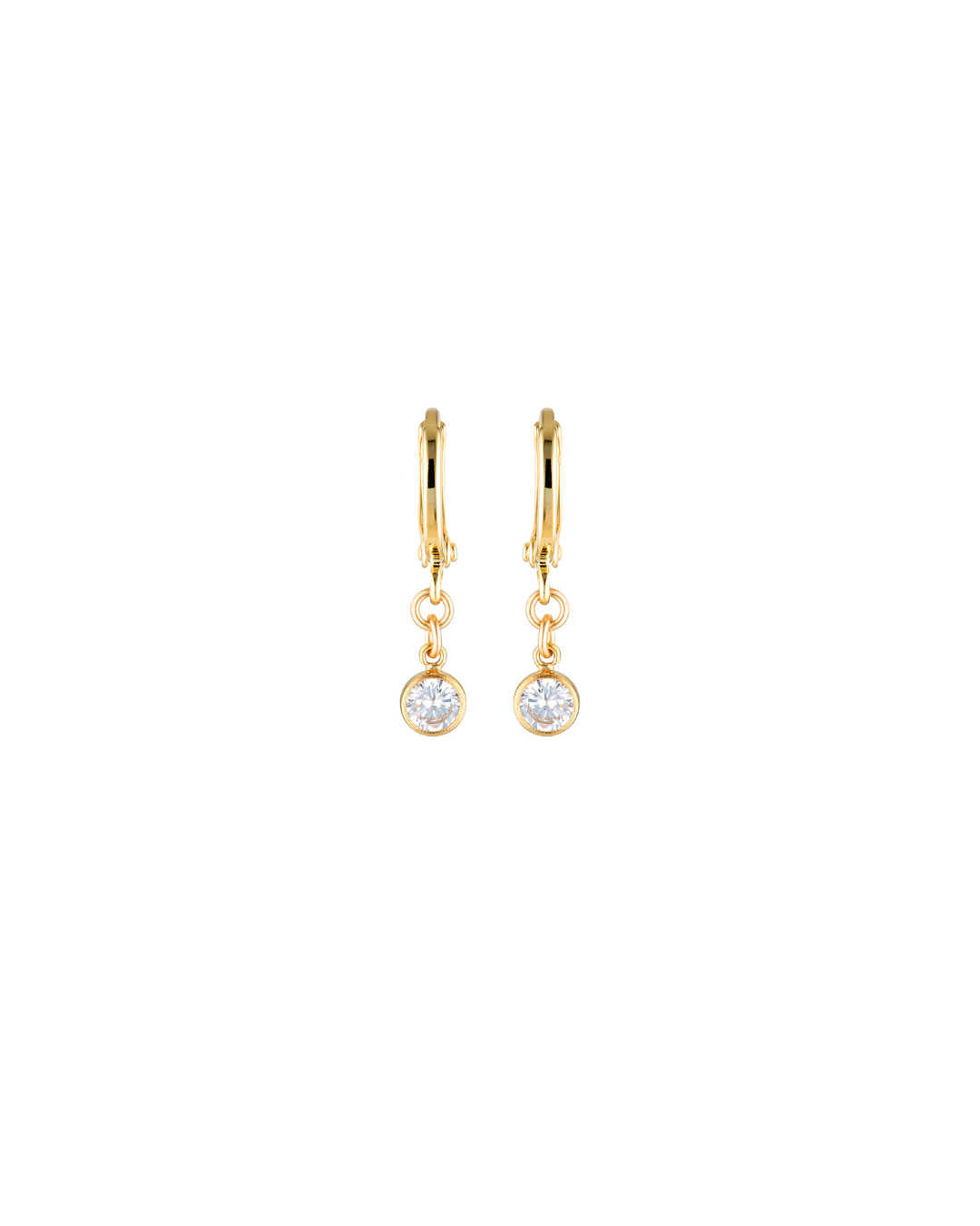 Gold hoop earrings with Cubic Zirconia drops on white background.