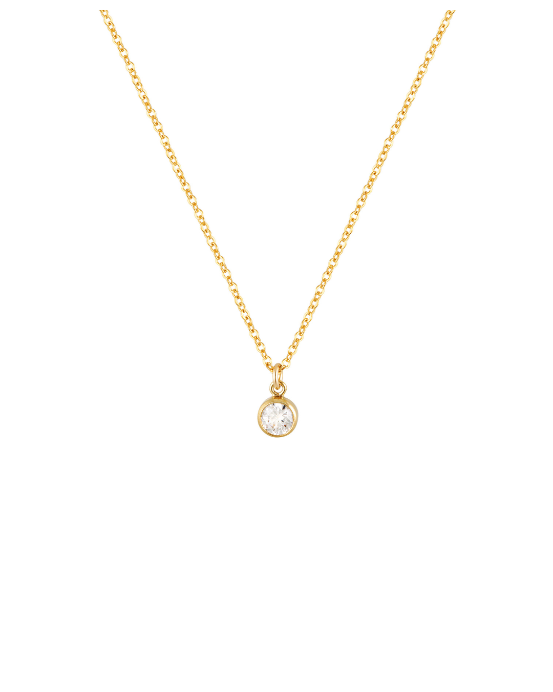 A gold-filled necklace with a faceted cubic zirconia bezel suspended from a chain, displayed against a white background.
