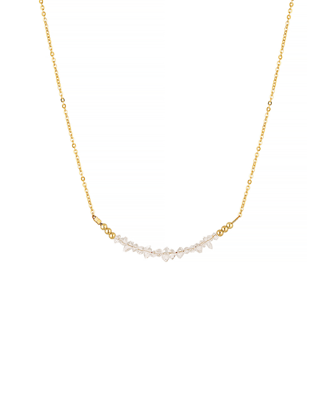 Gold necklace with small herkimer diamond gemstones on a white background