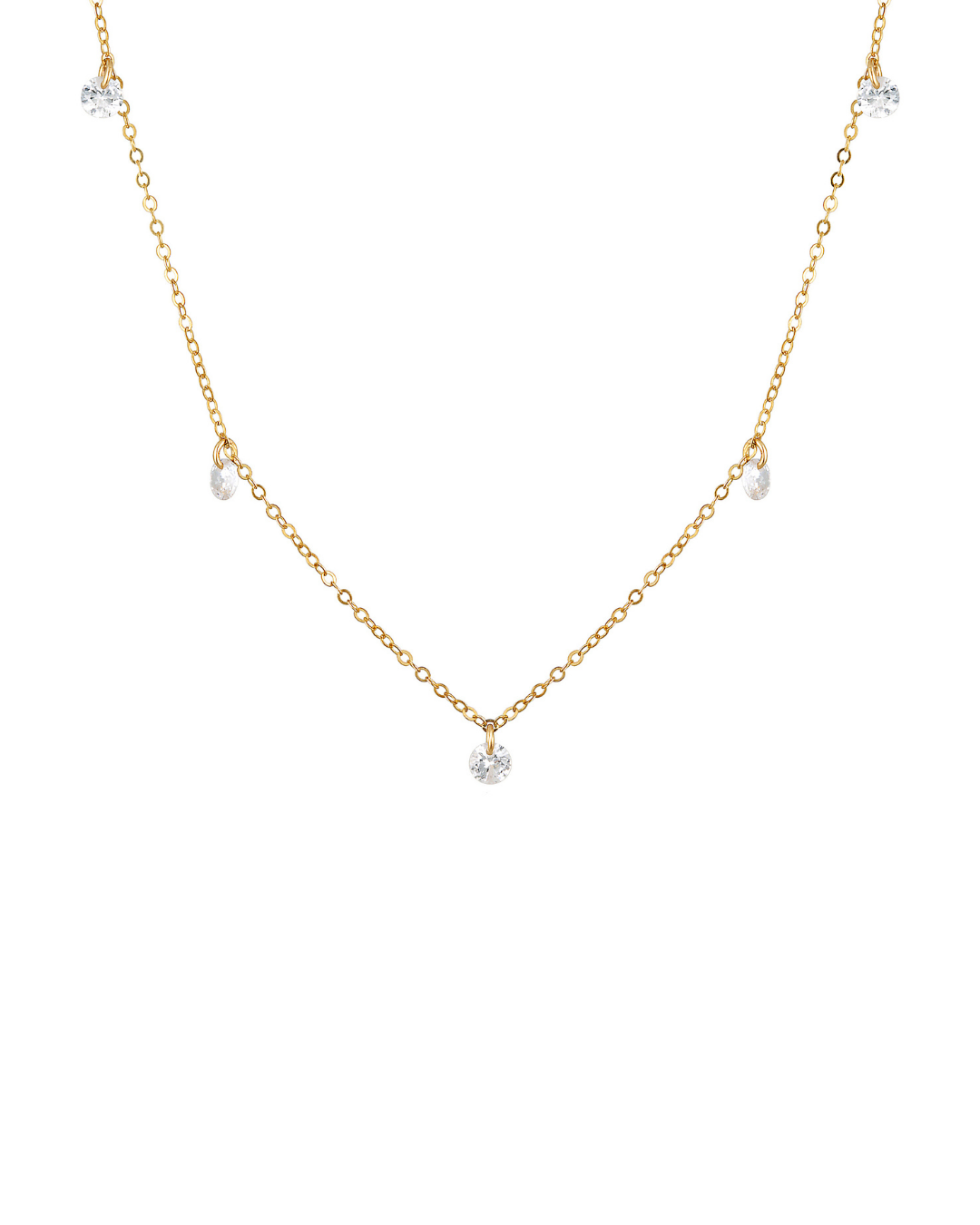 Gold necklace with cubic zirconia gemstones on a white background