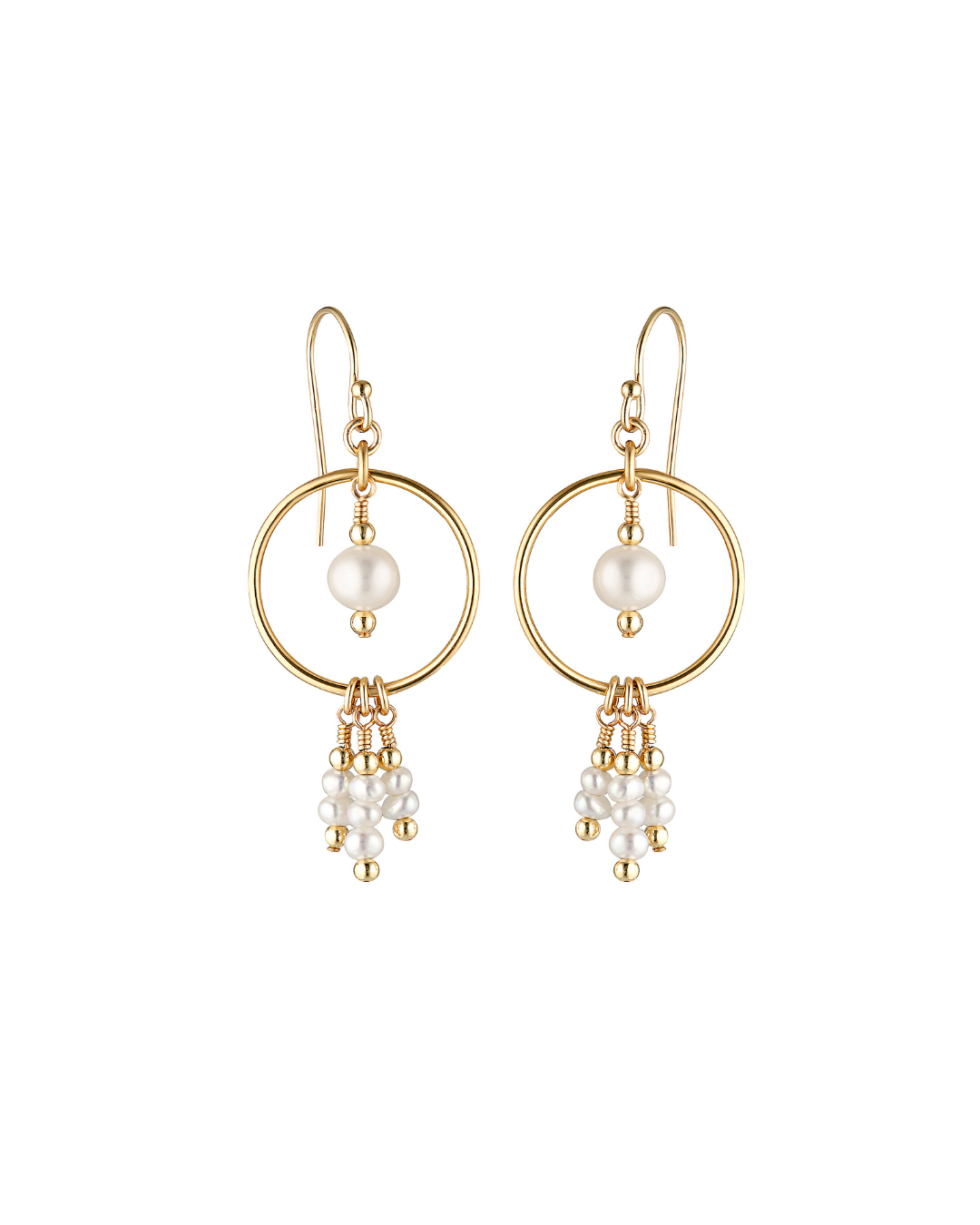 Gold earrings with pearl drops on a white background