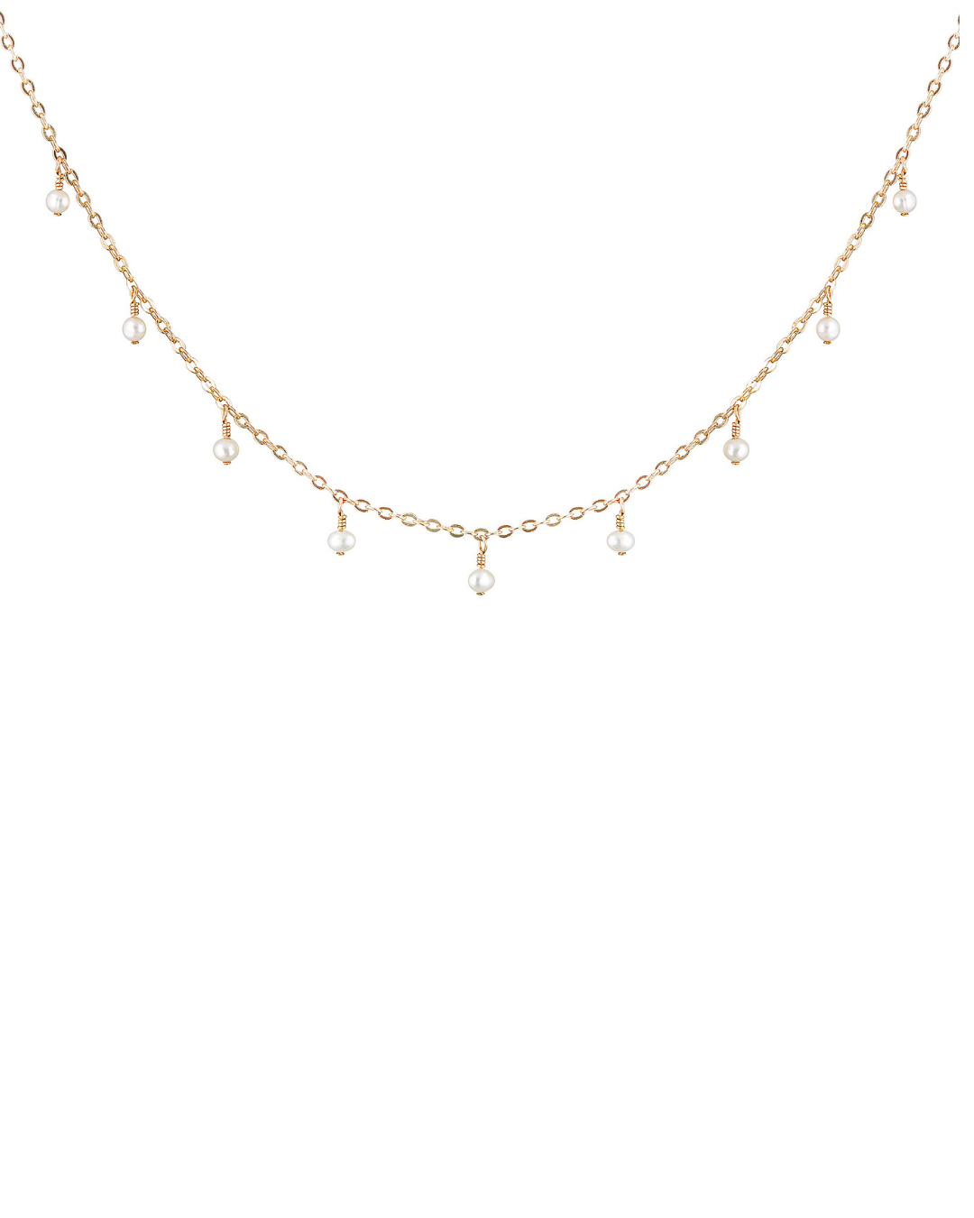 Gold necklace with small pearls on a white background