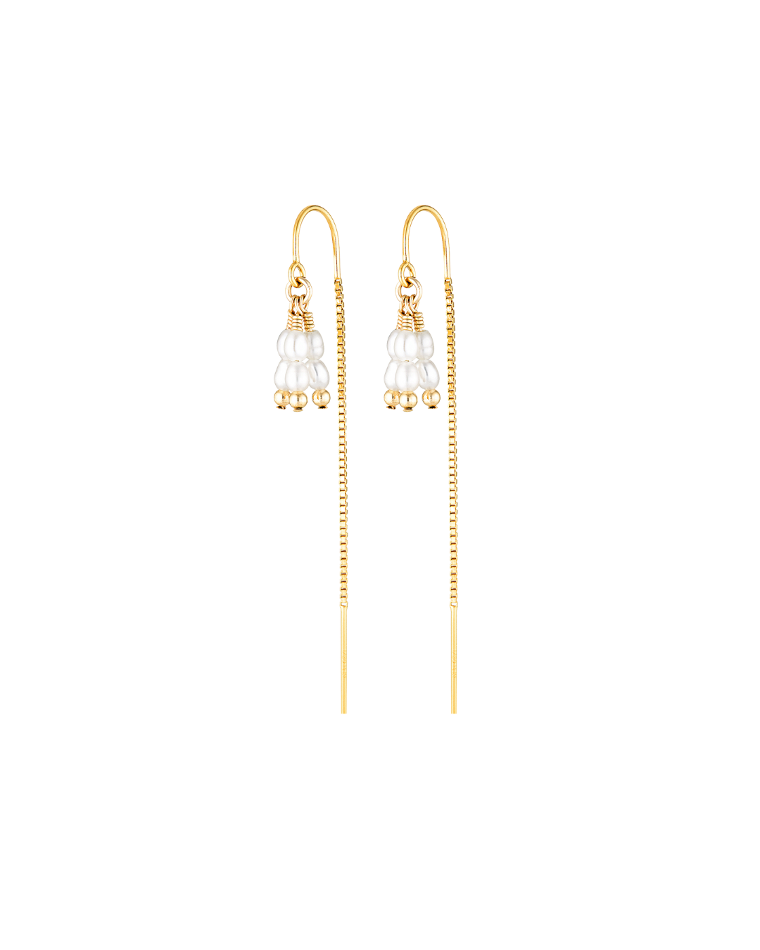 Pair of gold thread earrings with pearls on a white background