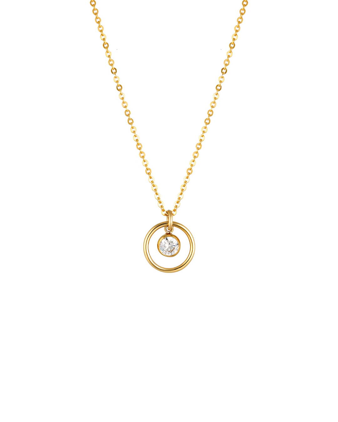 Gold necklace with a circular pendant with cubic zirconia on a white background