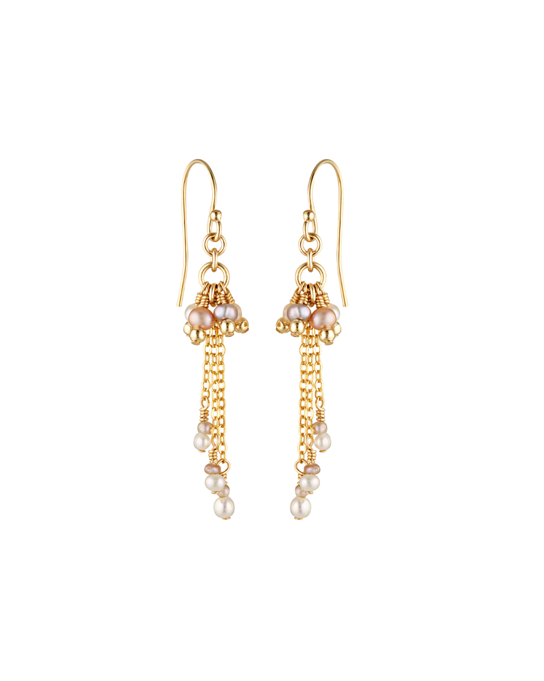 Gold earrings with pearl drops on a white background