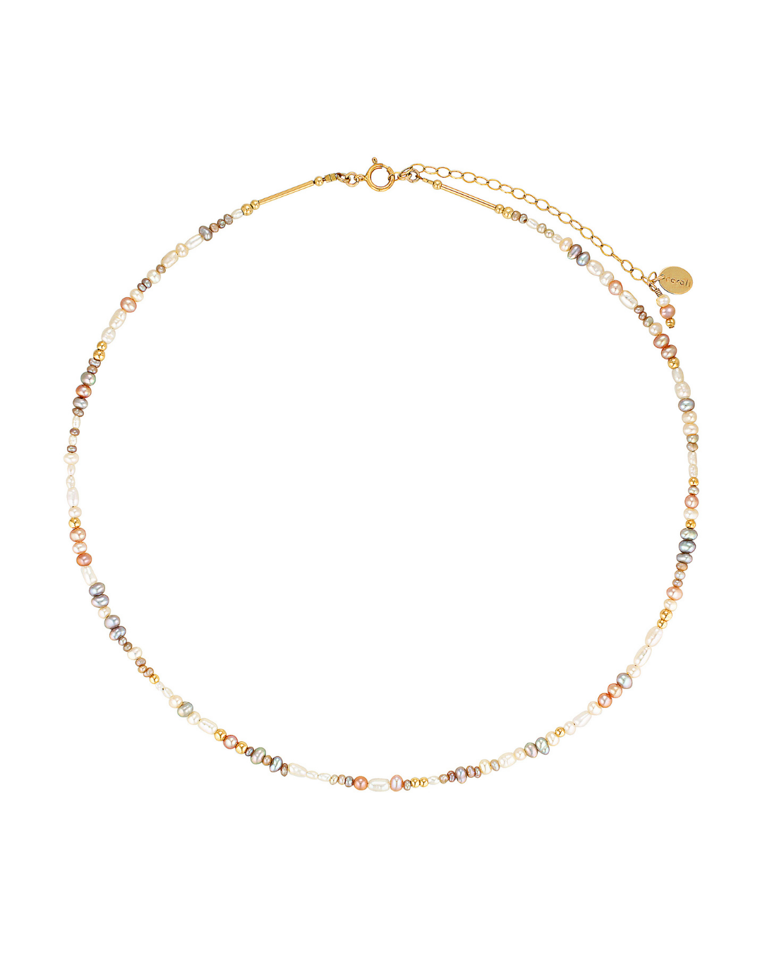 Gold pearl necklace on a white background