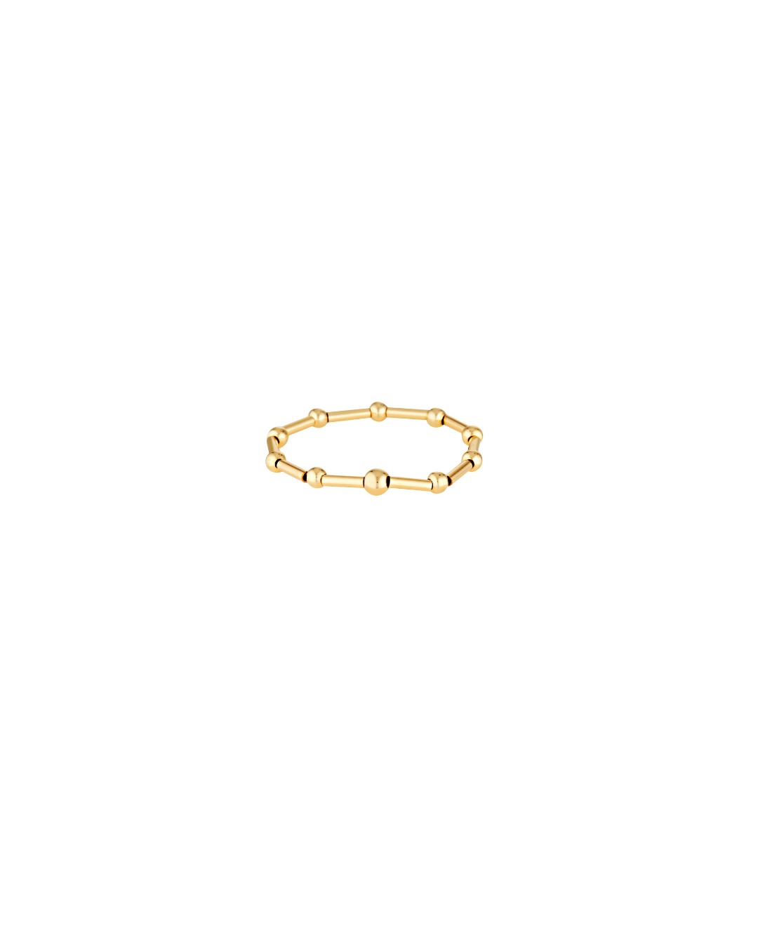 Gold beaded ring with alternate round and tubular beads, on a stretch cord on a white background