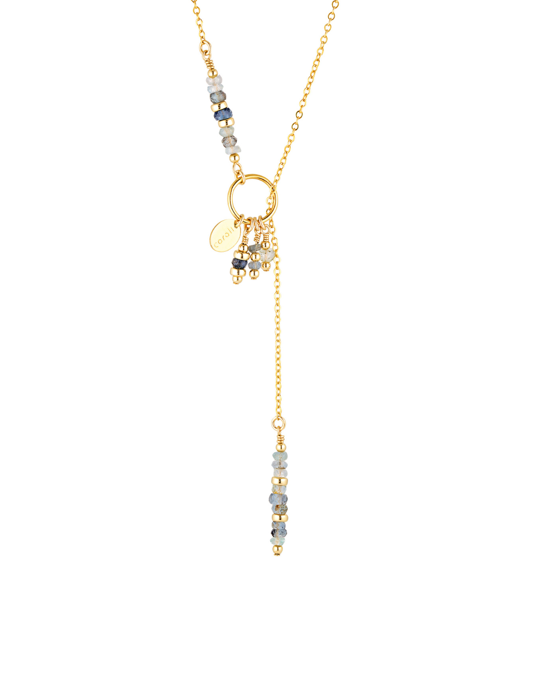Gold lariat necklace with aqua marine gemstones on a white background