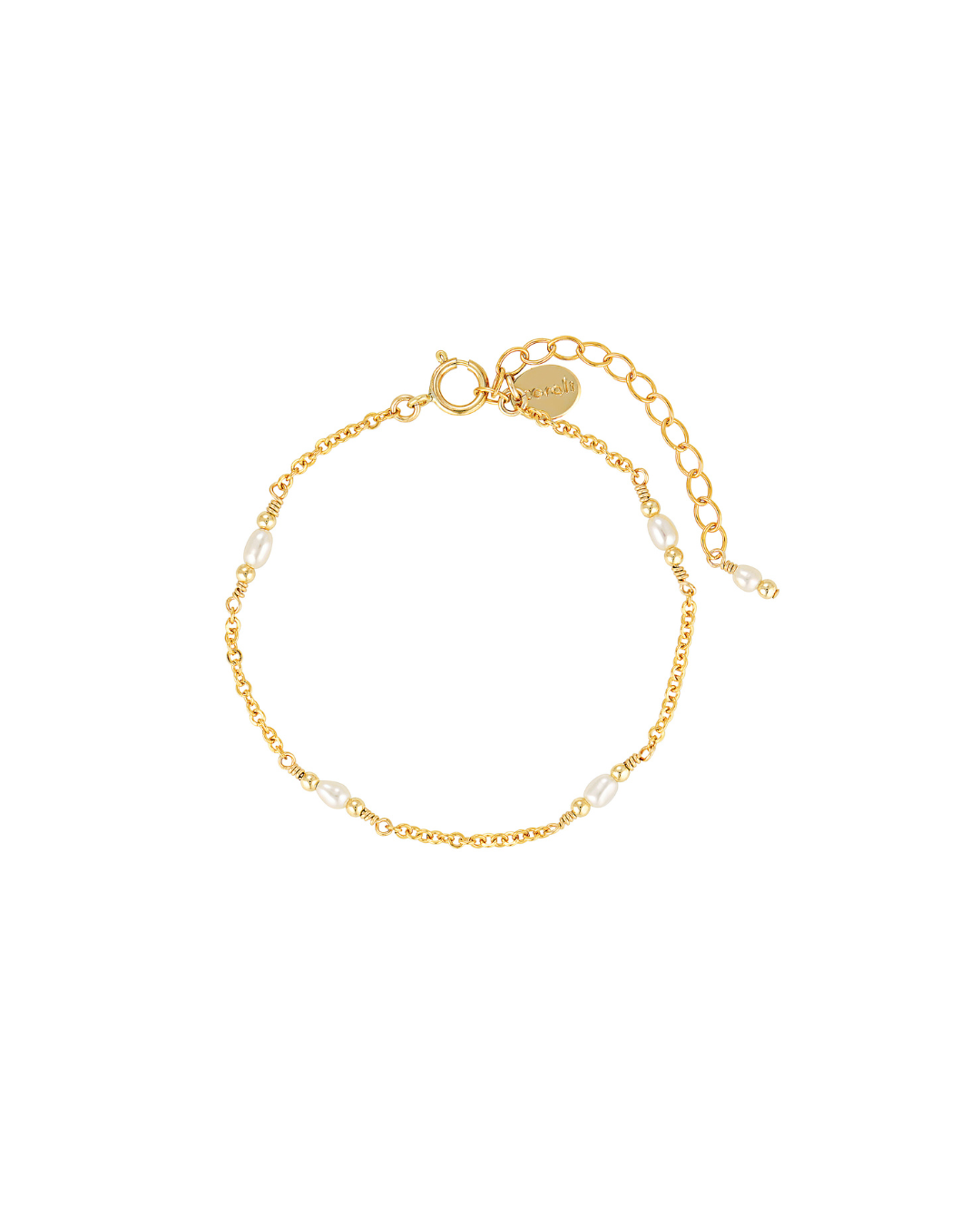 Gold and pearl chain bracelet on a white background
