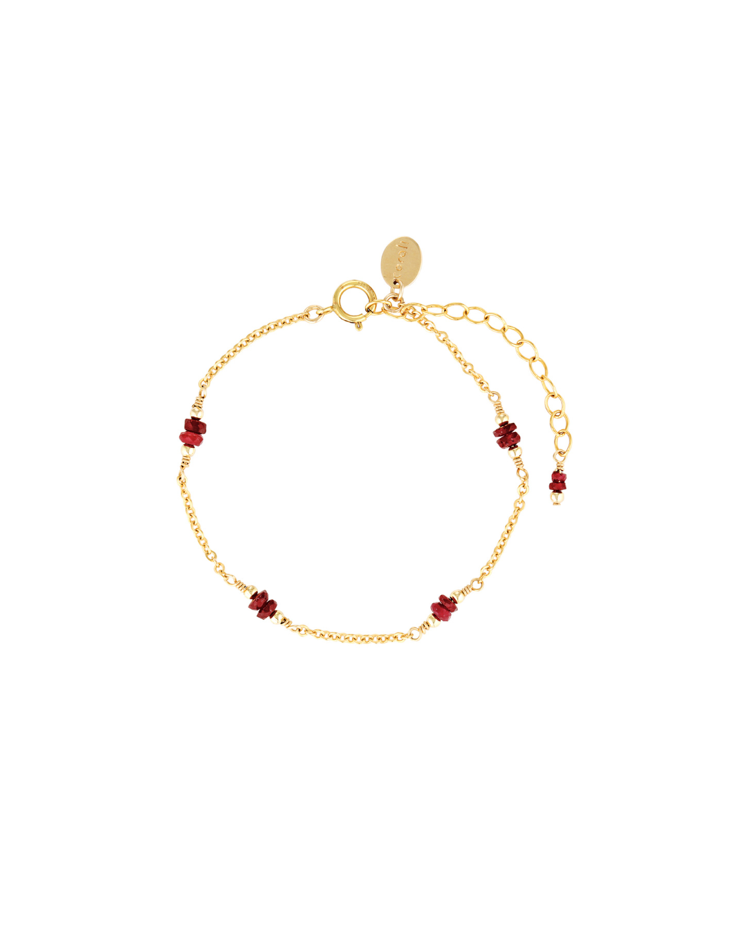 Gold bracelet with red ruby gemstones on a white background