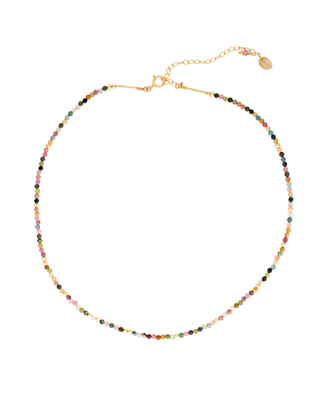 Multi coloured tourmaline gemstone and gold beaded necklace on a white background