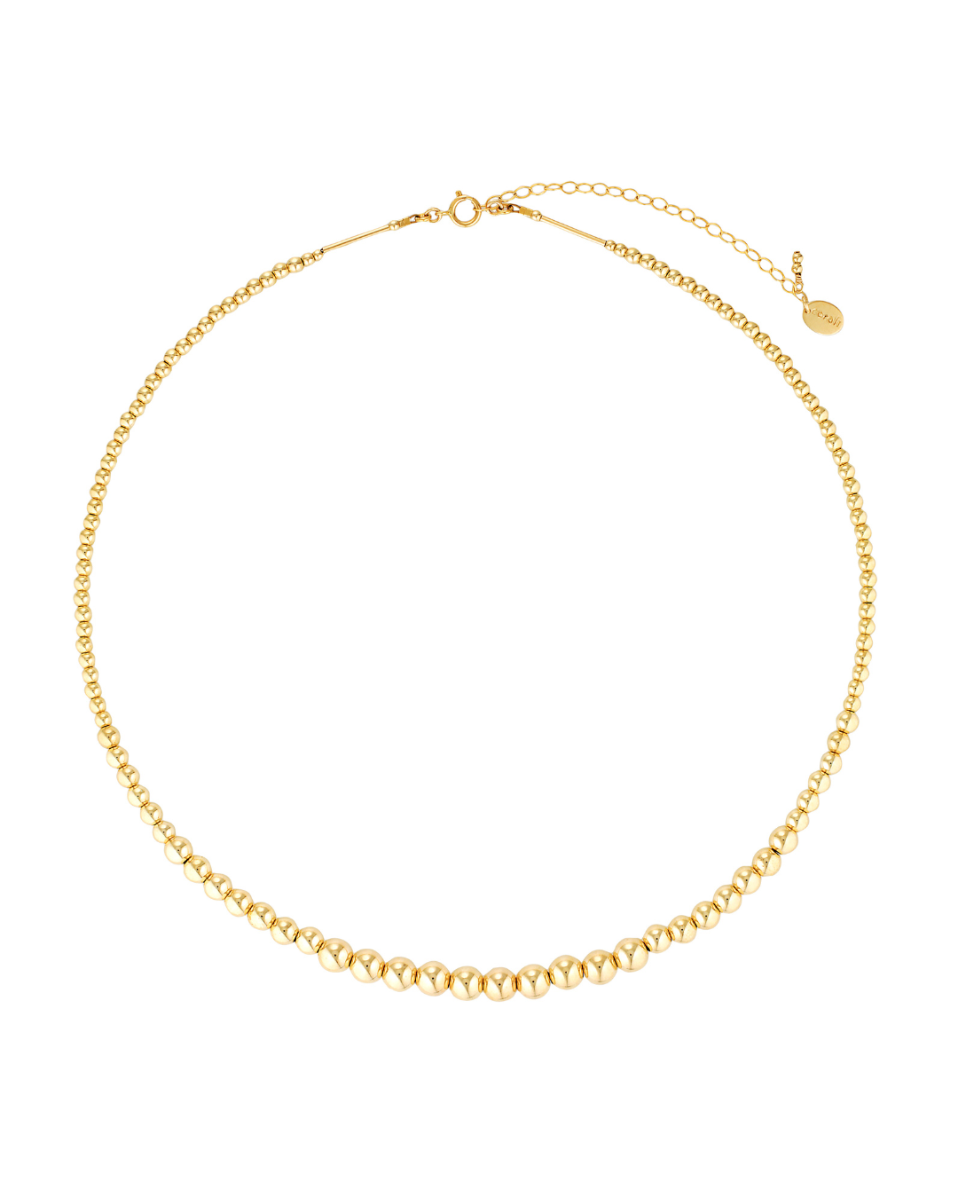 Gold beaded necklace on a white background