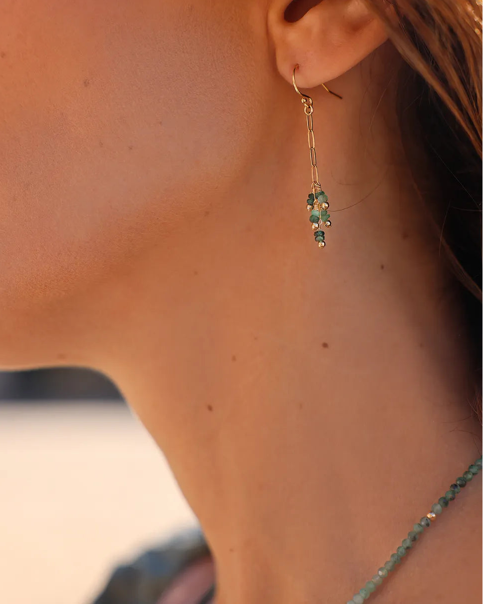 Close-up of an ear wearing gold and green emerald earrings.