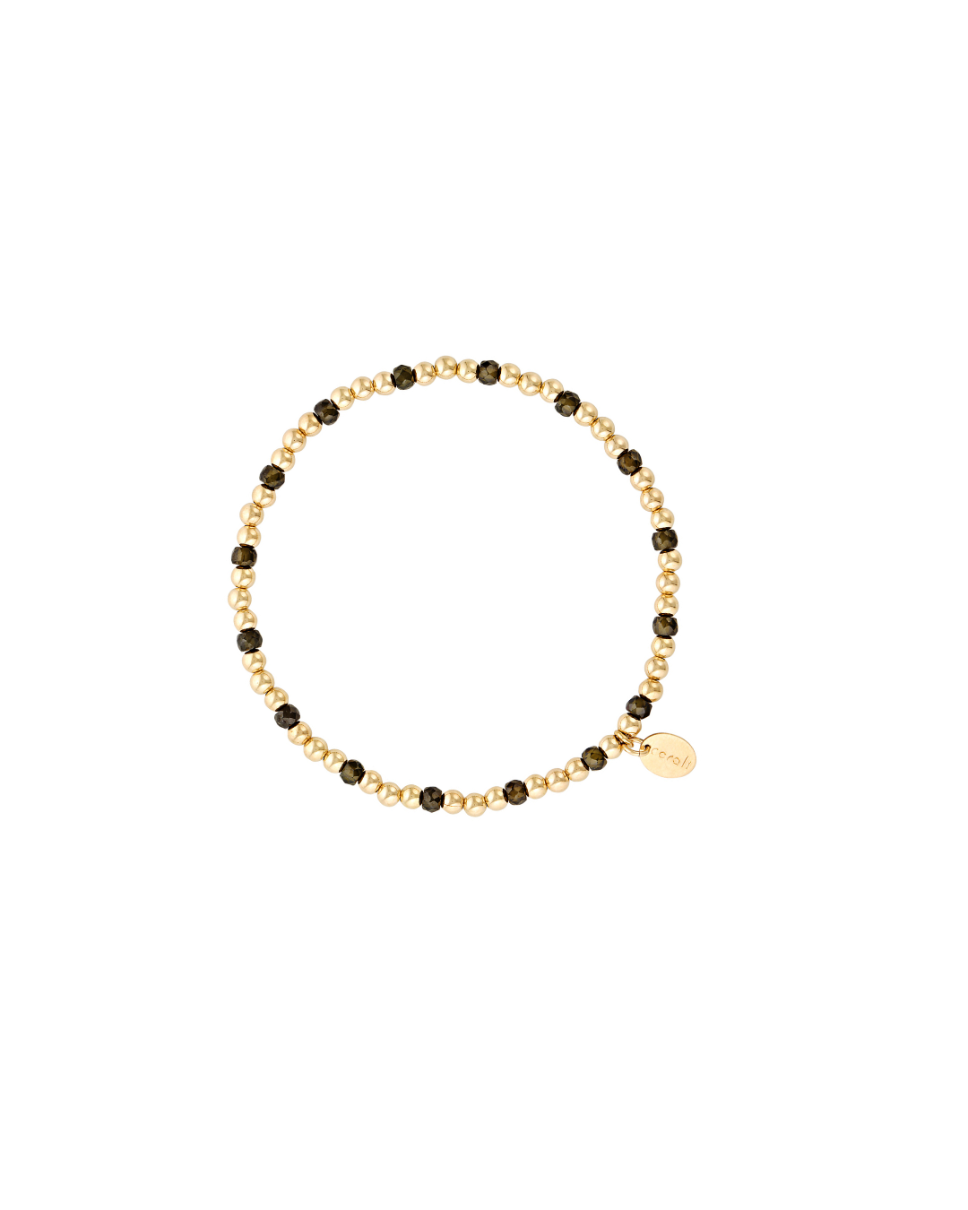 Gold bead bracelet with dark green zircon gemstones on a white background