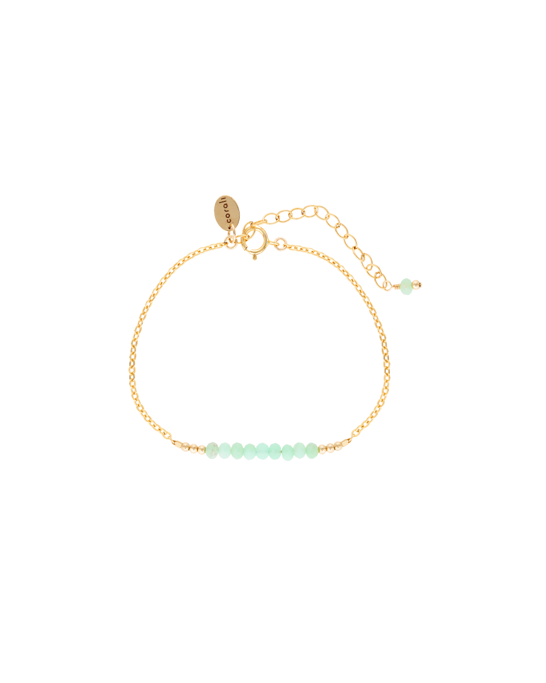 Gold bracelet with chrysoprase gemstones on a white background