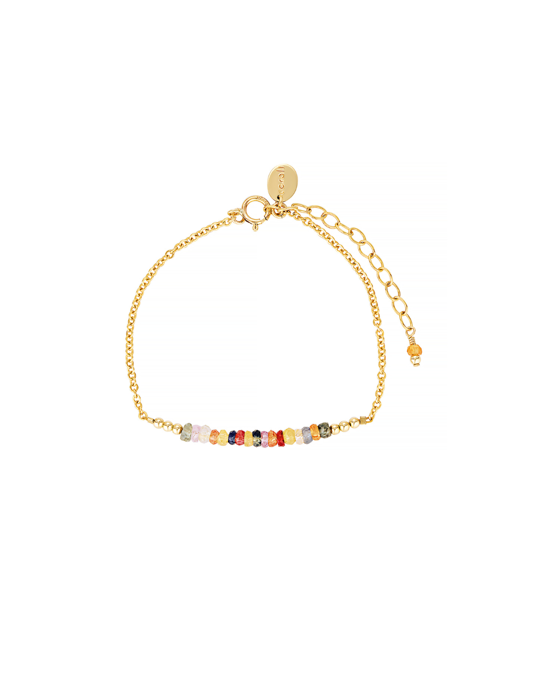 Gold bracelet with multi coloured sapphire gemstones on a white background