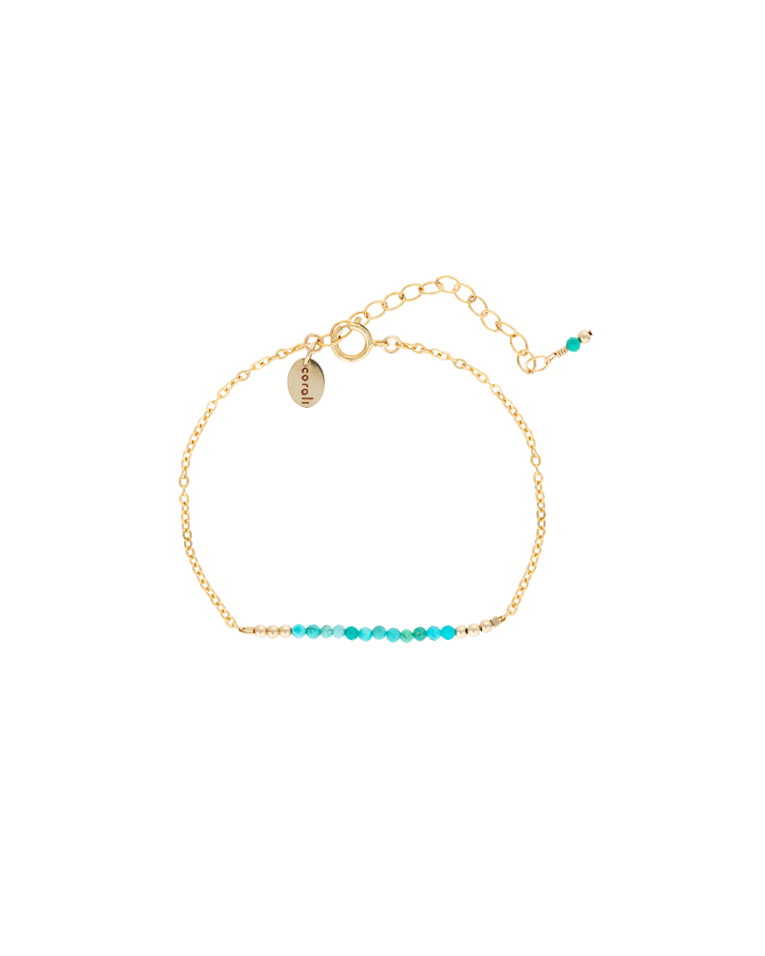 Gold bracelet with turquoise gemstones on a white background
