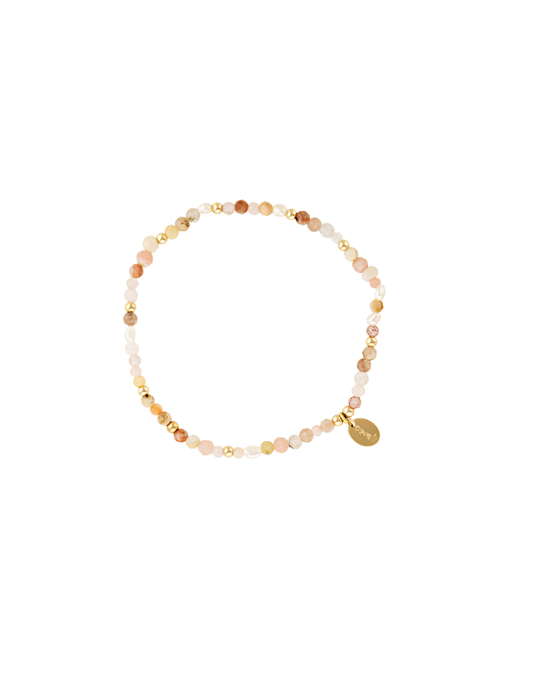 Gold beaded bracelet with pearls and pink gemstones on a white background