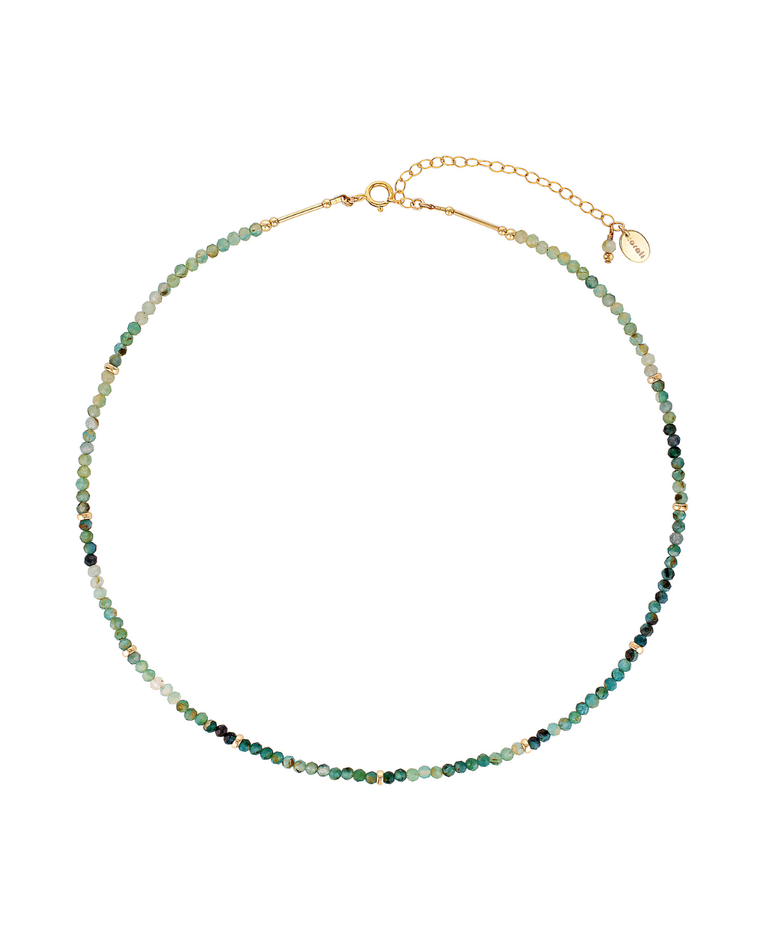 Gold beaded and grandidierite gemstone necklace on a white background