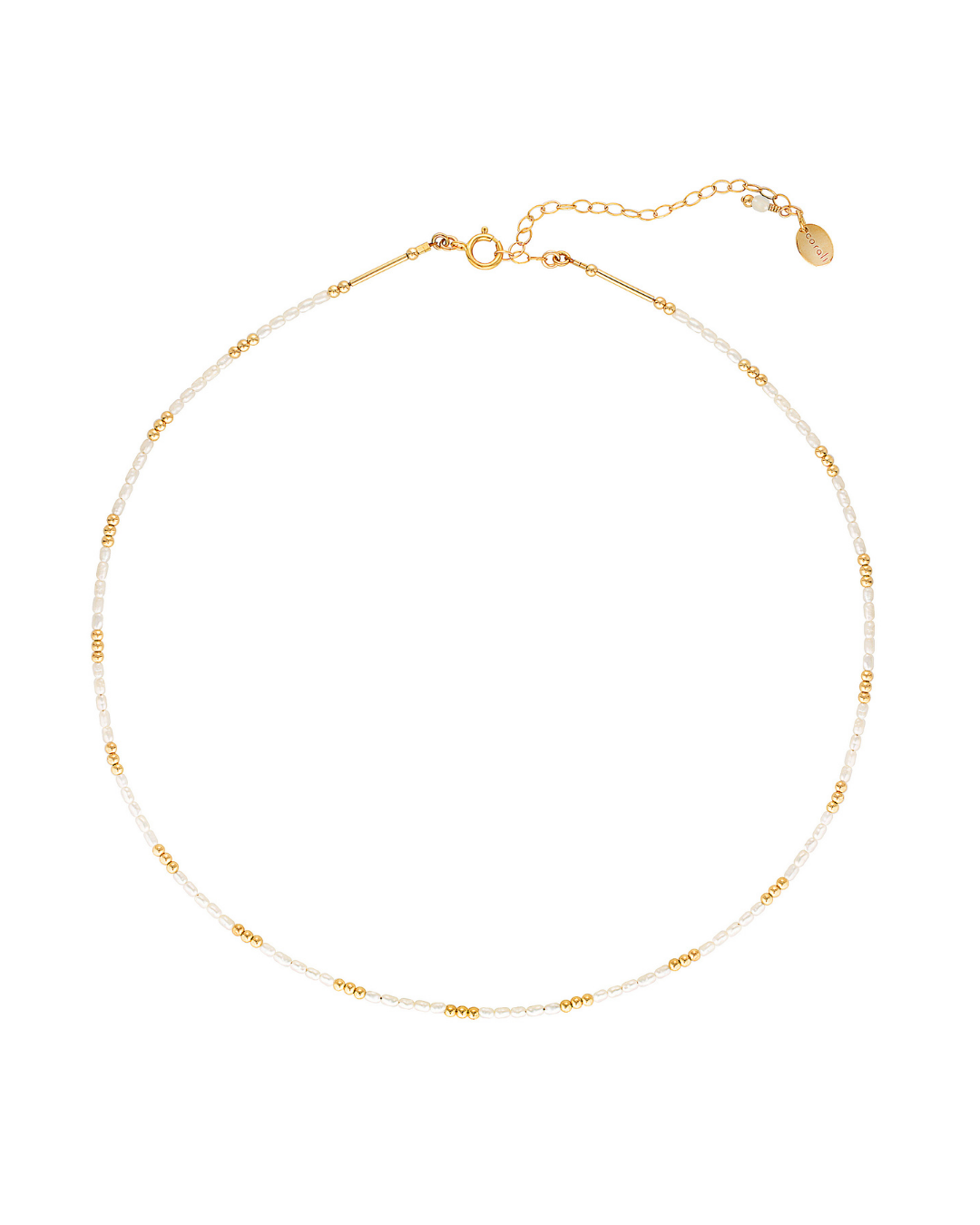 Gold pearl beaded necklace on a white background