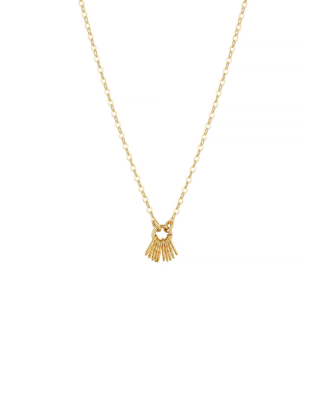 Gold necklace with a small chain pendant on a white background
