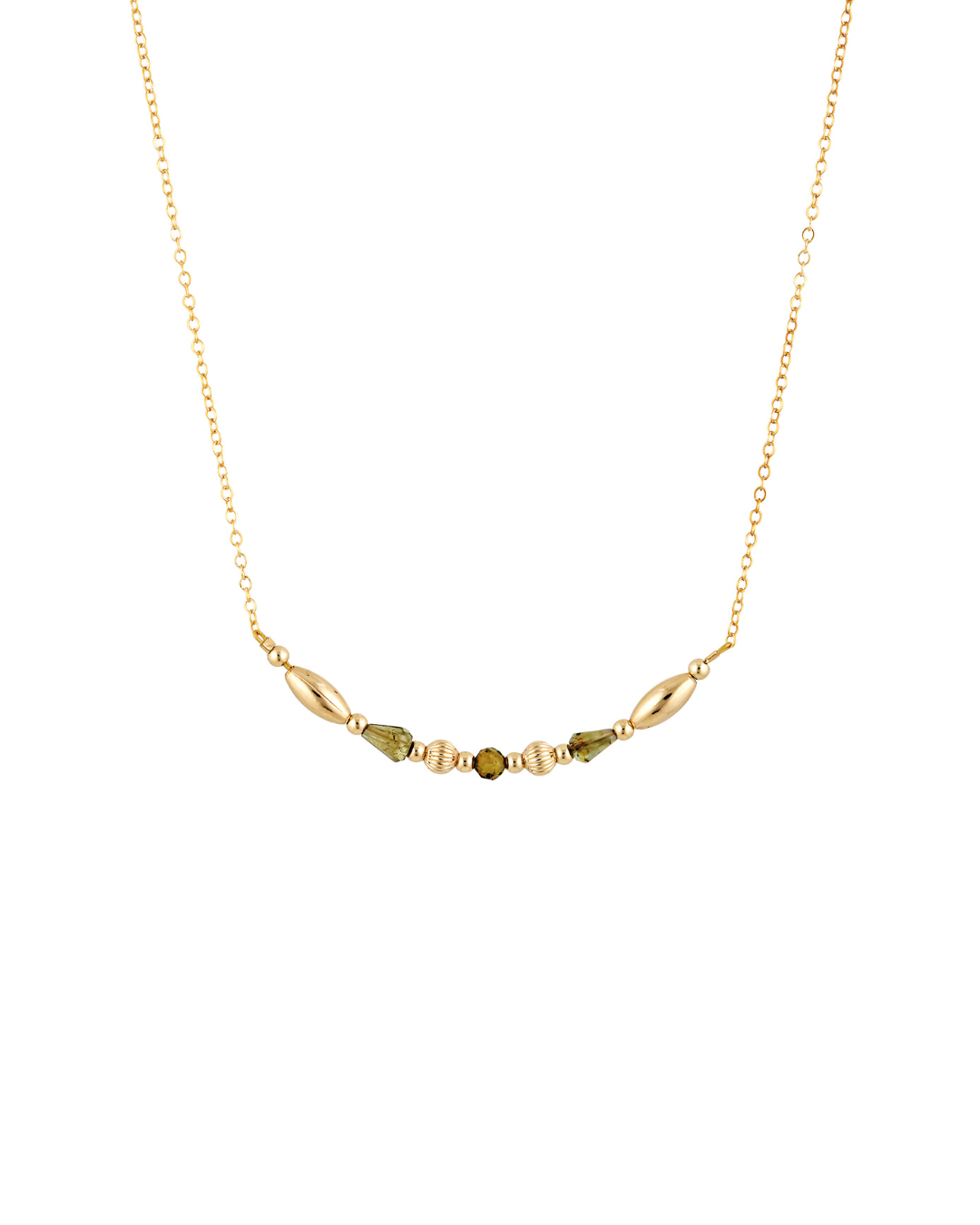 Gold necklace with green tourmaline gemstones on a white background