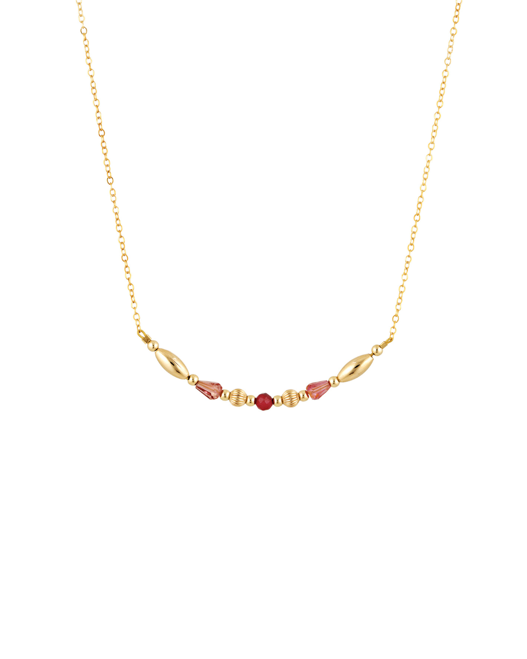 Gold necklace with pink tourmaline gemstones on a white background