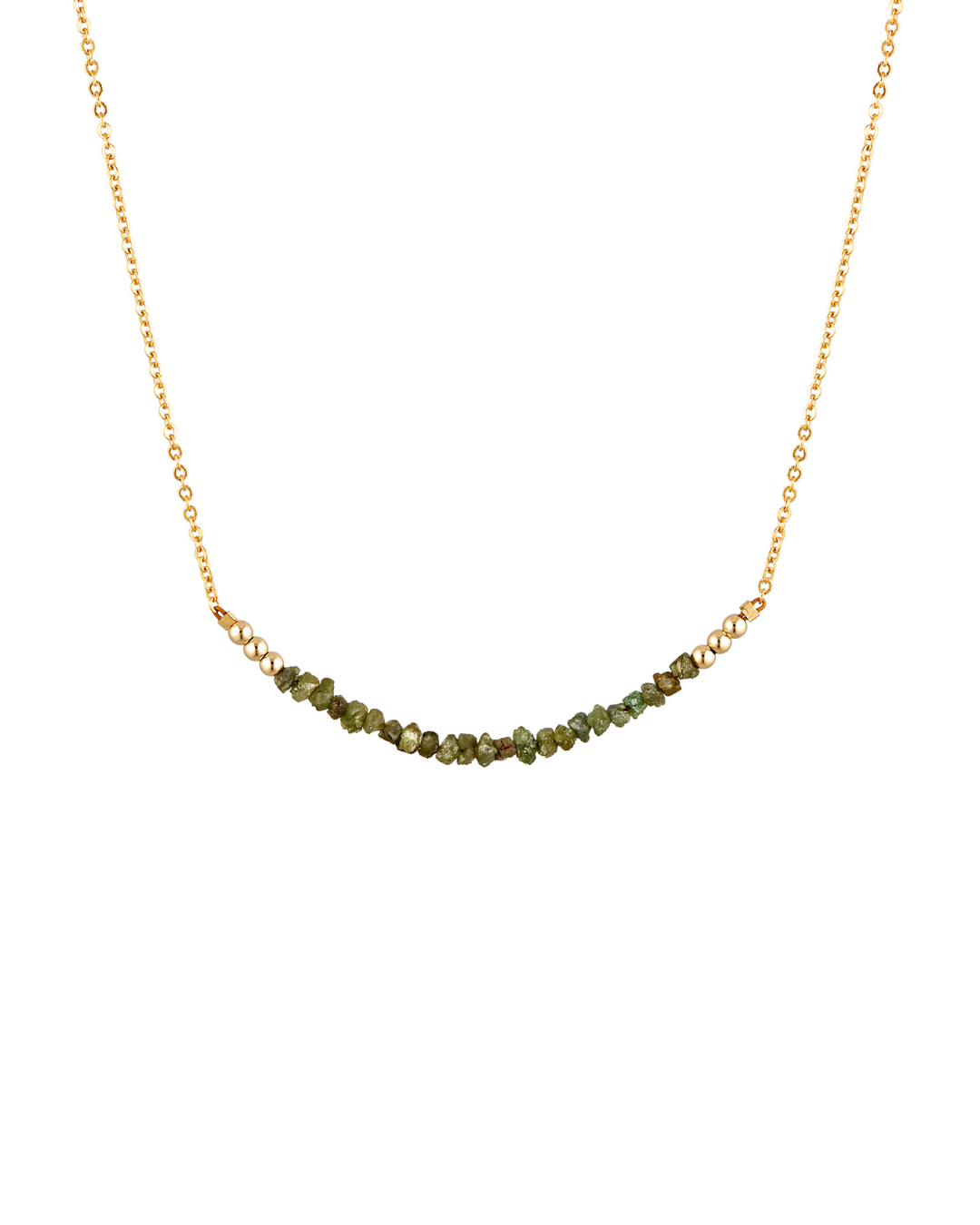 Necklace with green raw diamond gemstones on a gold chain against a white background