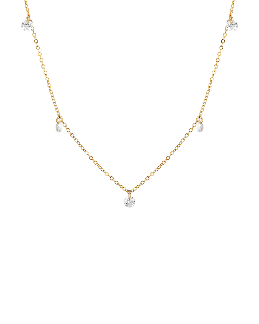 Gold necklace with cubic zirconia gemstones on a white background