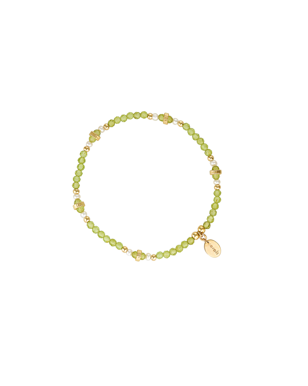 Pearl and peridot gemstone gold beaded bracelet on a white background
